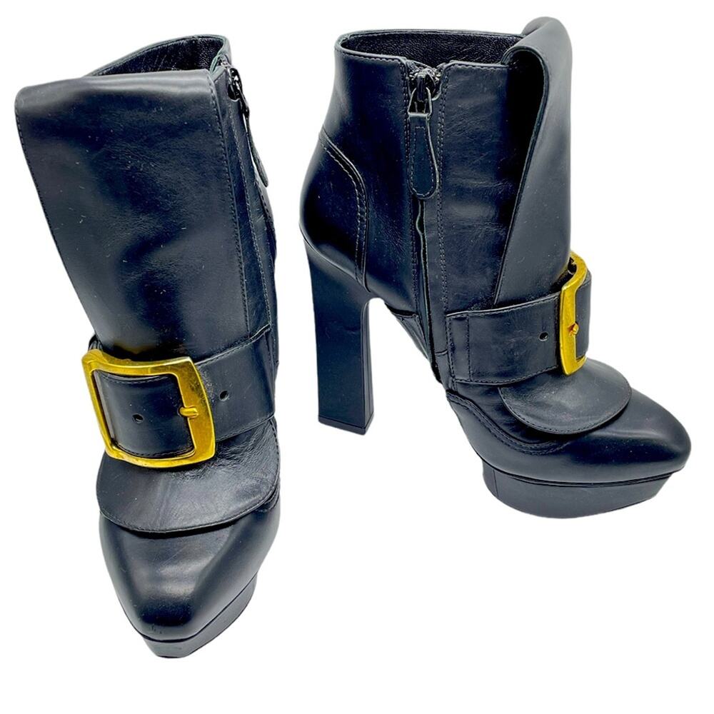 Alexander McQueen Black Leather Block Heel Buckle Bootie Ankle Boots Sz 36.5 6.5